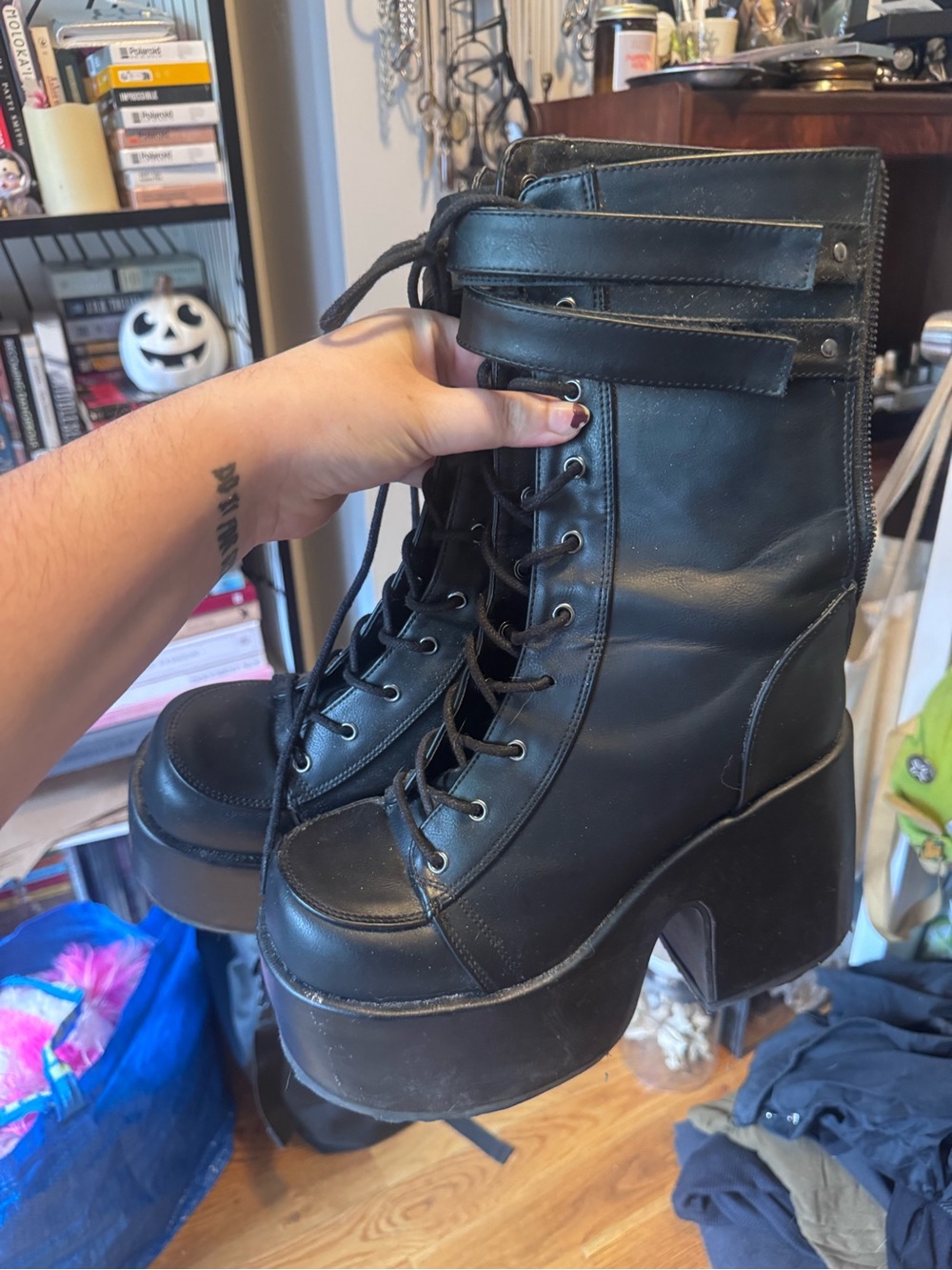 Demonia CAMEL-250 Black Platform Lace-Up Ankle Boots - Women